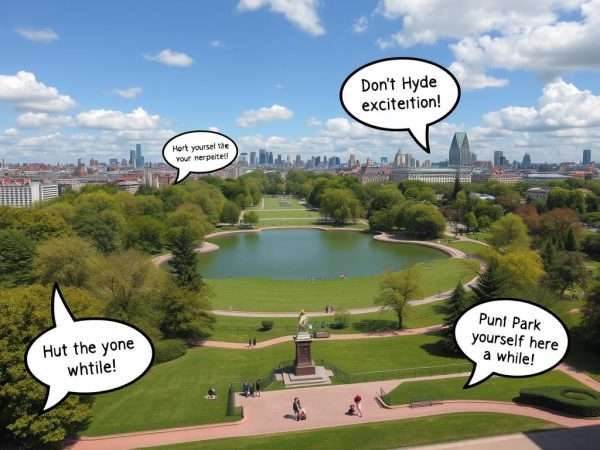 Hyde Park scene with trees, lake and park-related puns