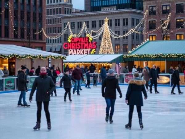 Ice on Main skating rink near the Greenville Christmas Market with holiday decorations Ice on Main skating rink near the Greenville Christmas Market with holiday decorations