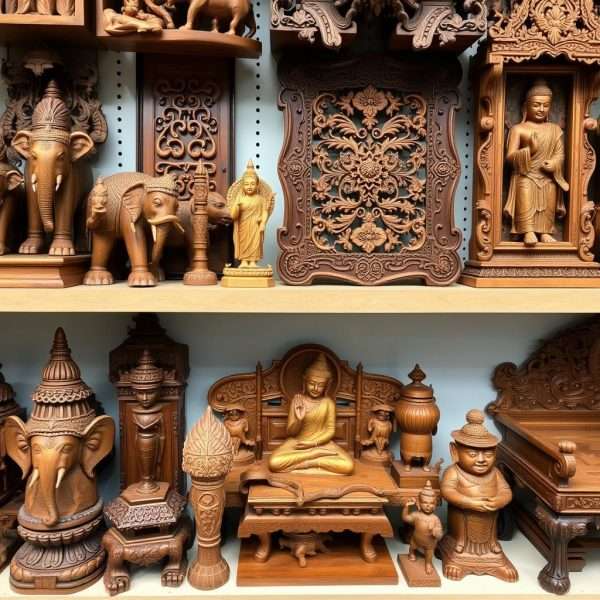 Intricate wooden carvings including elephant figurines Intricate wooden carvings including elephant figurines