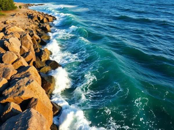 Lake Superior shoreline in Duluth with waves crashing against rocks Lake Superior shoreline in Duluth with waves crashing against rocks