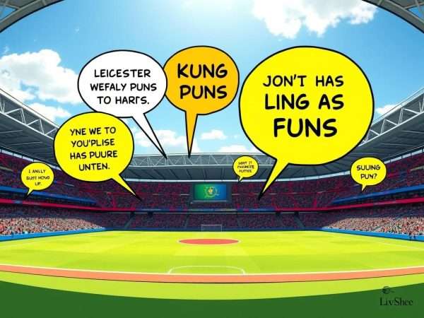 Leicester City football stadium with cartoon speech bubbles containing football puns Leicester City football stadium with cartoon speech bubbles containing football puns