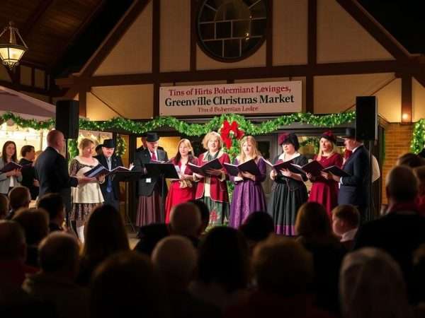 Live music performance at the Greenville Christmas Market with carolers in period costumes Live music performance at the Greenville Christmas Market with carolers in period costumes