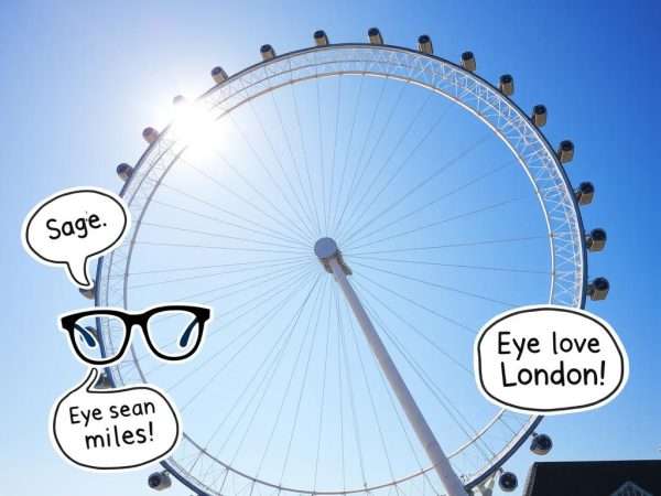 London Eye ferris wheel with visual puns related to eyes and vision