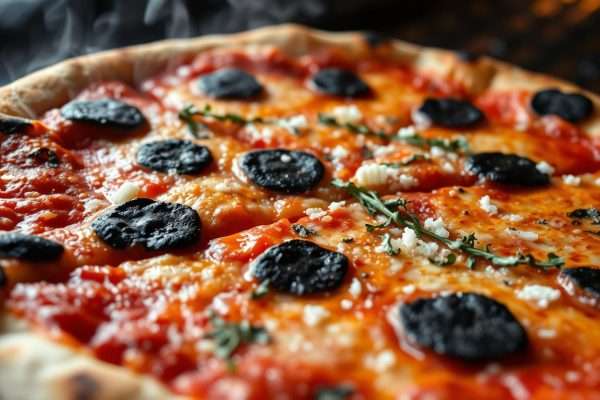 New Haven-style pizza with charred crust from a coal-fired oven New Haven-style pizza with charred crust from a coal-fired oven