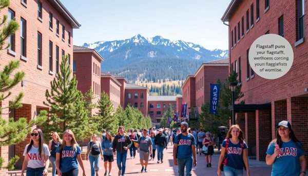 Northern Arizona University campus with students and Flagstaff cultural pun references Northern Arizona University campus with students and Flagstaff cultural pun references