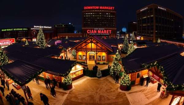 Panoramic view of the Grand Rapids Christmas Market fully decorated for the holidays Panoramic view of the Grand Rapids Christmas Market fully decorated for the holidays