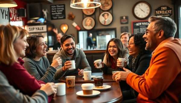 People laughing and sharing jokes at a New Haven café People laughing and sharing jokes at a New Haven café