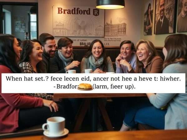 People laughing while sharing Bradford puns at a local café People laughing while sharing Bradford puns at a local café