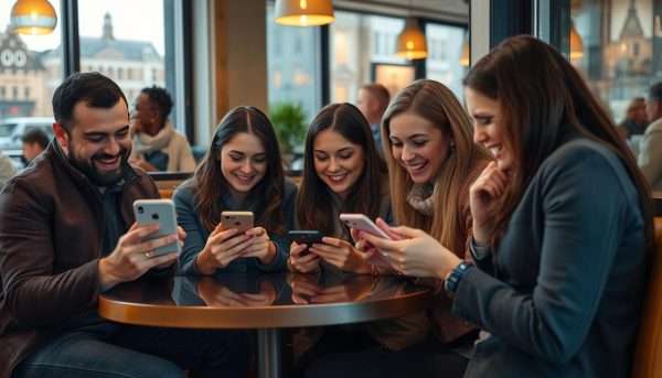 People sharing Bradford puns on social media with smartphones People sharing Bradford puns on social media with smartphones