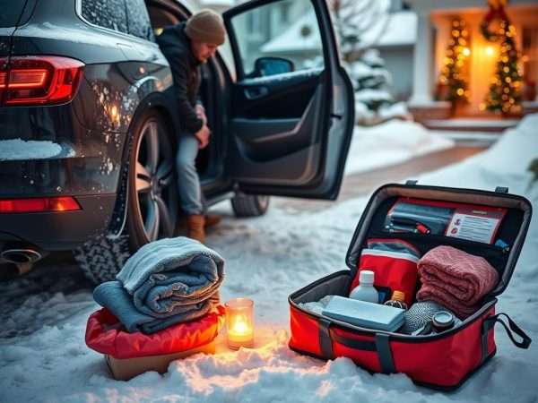 Person checking a car before a Christmas road trip with a winter emergency kit nearby Person checking a car before a Christmas road trip with a winter emergency kit nearby