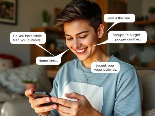 Person smiling while texting food puns to friends