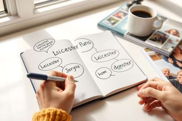 Person writing Leicester puns in a notebook with thought bubbles Person writing Leicester puns in a notebook with thought bubbles