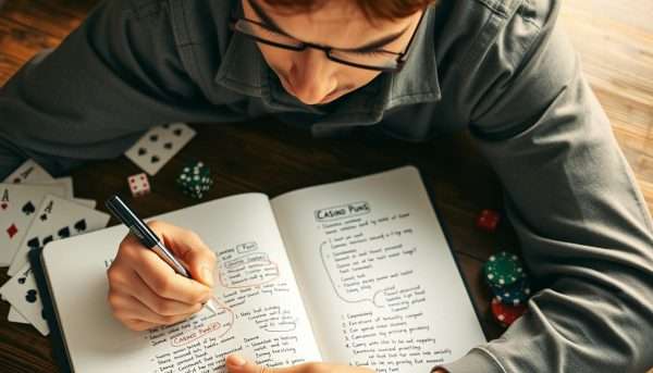 Person writing casino puns in a notebook with playing cards nearby Person writing casino puns in a notebook with playing cards nearby
