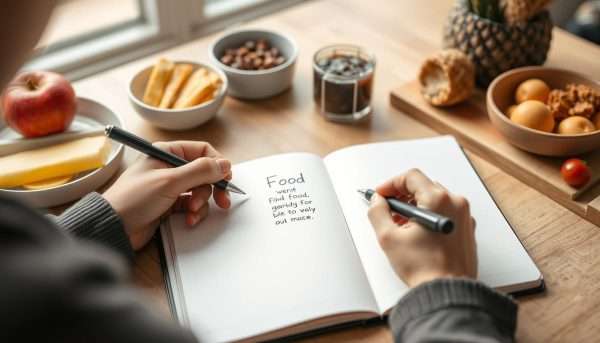 Person writing food puns in a notebook with food items nearby for inspiration