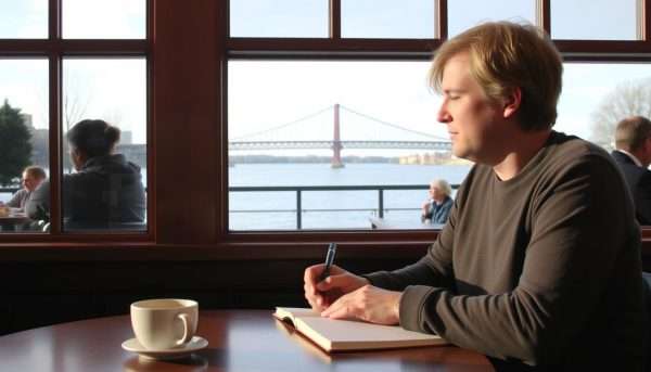Person writing in a notebook with Duluth landmarks visible in background Person writing in a notebook with Duluth landmarks visible in background