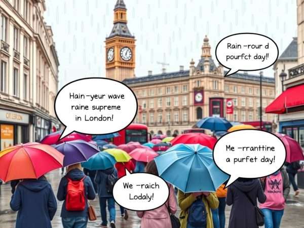 Rainy London scene with people carrying umbrellas and rain-related puns