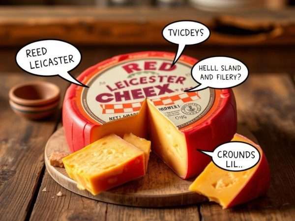 Red Leicester cheese with punny labels and speech bubbles Red Leicester cheese with punny labels and speech bubbles