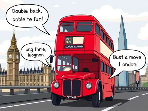 Red London double-decker bus with bus-related puns