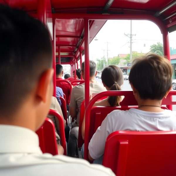 Red songthaew shared taxi with passengers in Chiang Mai Red songthaew shared taxi with passengers in Chiang Mai