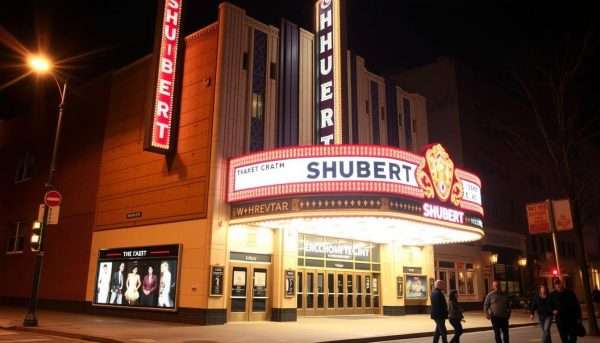 Shubert Theater in New Haven with marquee lit up Shubert Theater in New Haven with marquee lit up