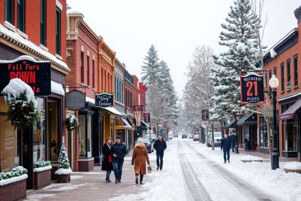 Snow-covered downtown Flagstaff with weather-related Flagstaff puns displayed on storefronts Snow-covered downtown Flagstaff with weather-related Flagstaff puns displayed on storefronts