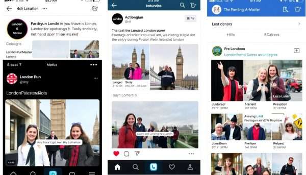 Social media screens showing people sharing London puns with hashtags