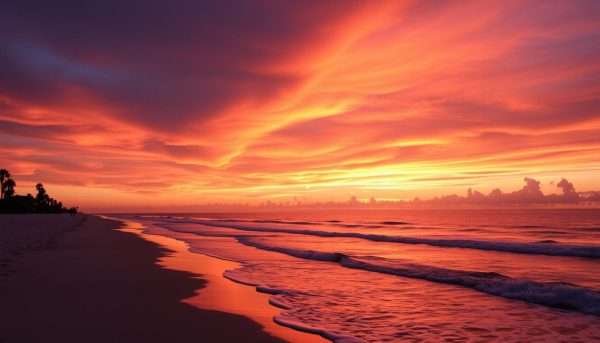 Sunset over St. Augustine Beach with colorful sky and waves Sunset over St. Augustine Beach with colorful sky and waves
