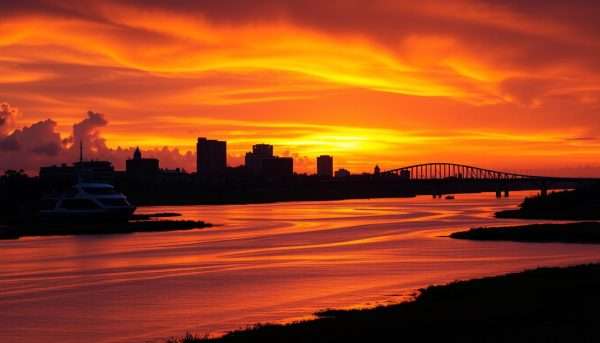 Sunset over St. Augustine with silhouette of the city skyline and Bridge of Lions Sunset over St. Augustine with silhouette of the city skyline and Bridge of Lions