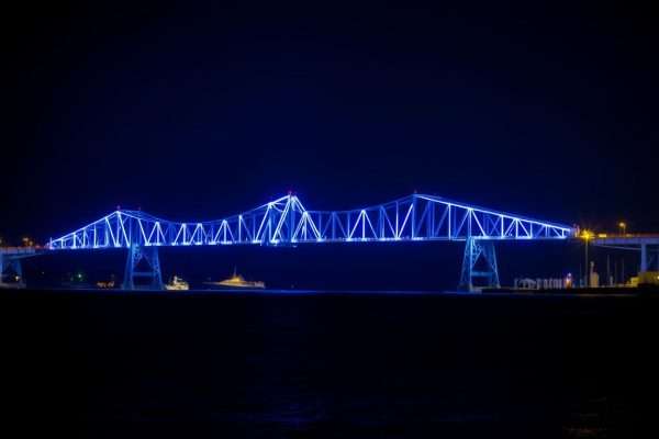 The Duluth Aerial Lift Bridge illuminated at night The Duluth Aerial Lift Bridge illuminated at night