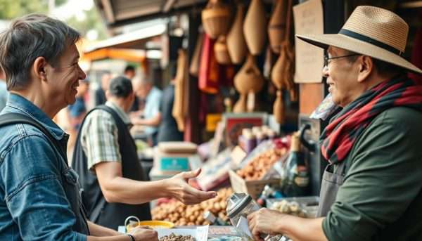 Tourist bargaining with a vendor at a Chiang Mai market Tourist bargaining with a vendor at a Chiang Mai market