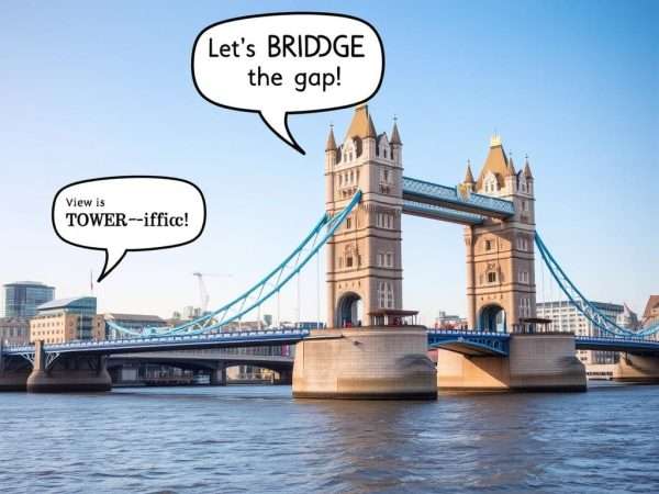 Tower Bridge with bridge-related puns floating around it