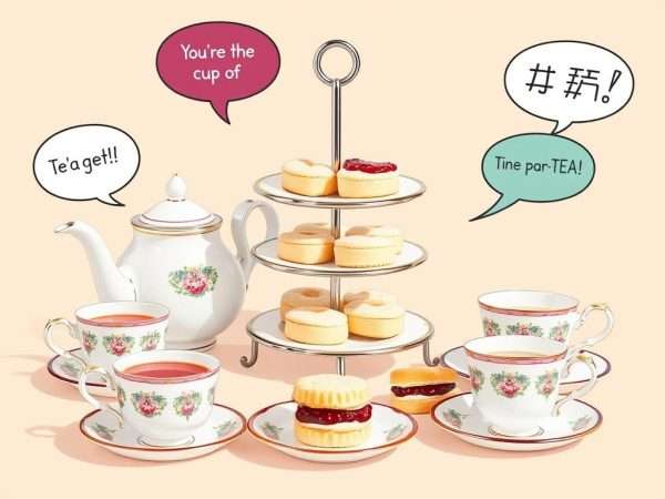 Traditional British afternoon tea with scones, tea cups and tea-related puns