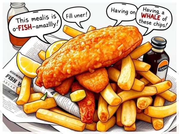 Traditional British fish and chips with food-related puns