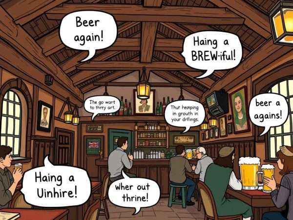 Traditional British pub with beer glasses and drink-related puns