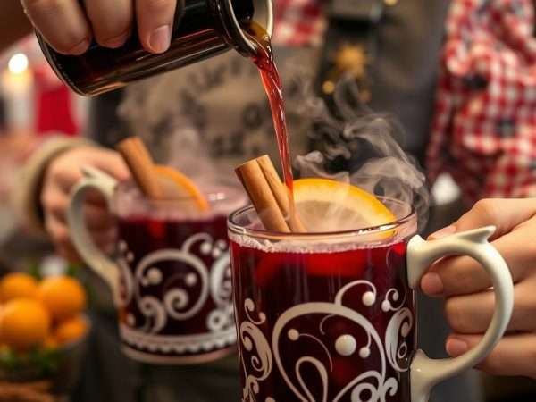 Traditional German Glühwein (mulled wine) being served in collectible mugs at the Grand Rapids Christmas Market Traditional German Glühwein (mulled wine) being served in collectible mugs at the Grand Rapids Christmas Market