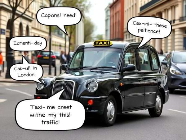 Traditional London black cab with taxi-related puns