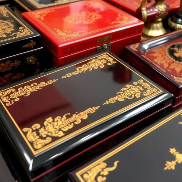 Traditional Thai lacquerware with gold leaf designs Traditional Thai lacquerware with gold leaf designs