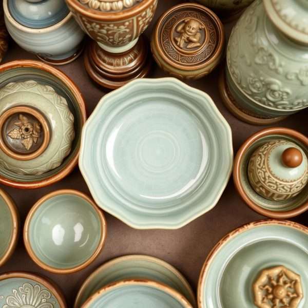 Traditional celadon pottery with distinctive green glaze Traditional celadon pottery with distinctive green glaze
