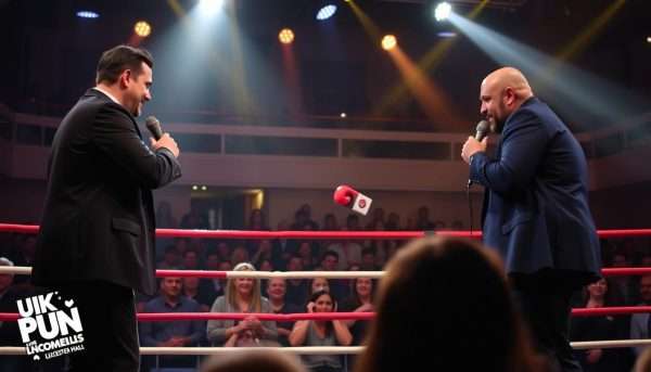 UK Pun Championships at Leicester Comedy Festival with comedians in a boxing ring UK Pun Championships at Leicester Comedy Festival with comedians in a boxing ring