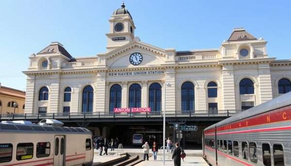 Union Station in New Haven with trains and commuters Union Station in New Haven with trains and commuters