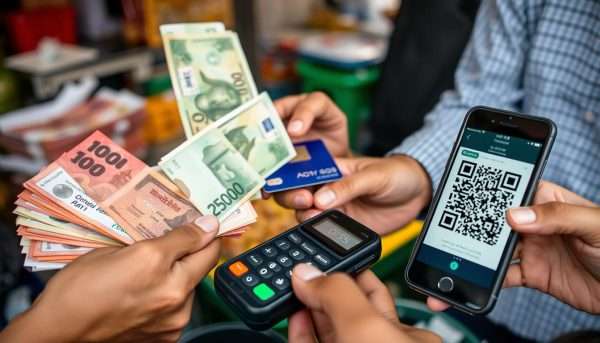Various payment methods being used at a Chiang Mai market Various payment methods being used at a Chiang Mai market