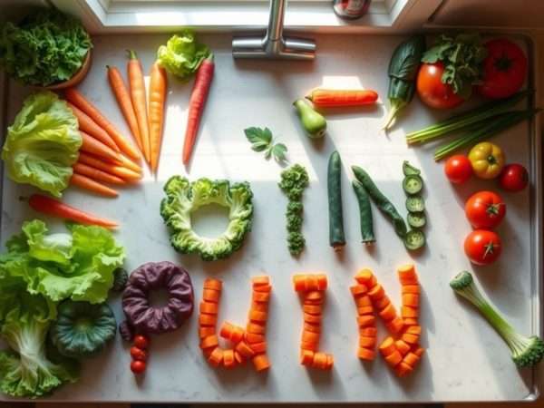 Various vegetables arranged to spell out a pun