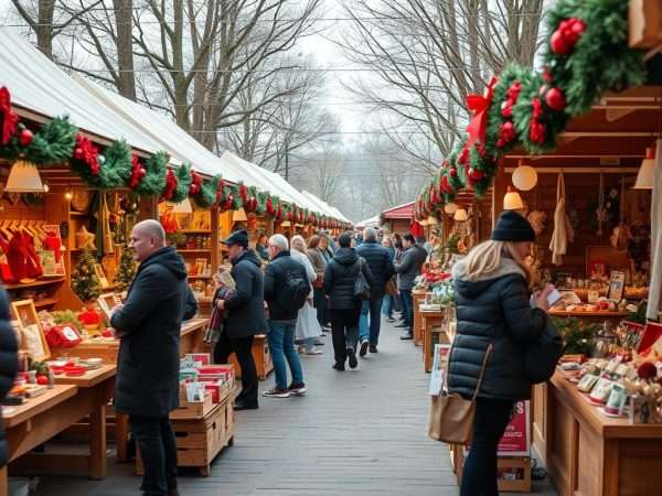 Vendor stalls at the Greenville Christmas Market with local artisans selling handcrafted gifts Vendor stalls at the Greenville Christmas Market with local artisans selling handcrafted gifts
