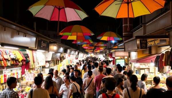 Vibrant scene at the Chiang Mai Night Bazaar with colorful stalls and shoppers Vibrant scene at the Chiang Mai Night Bazaar with colorful stalls and shoppers