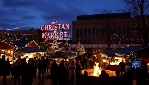 Visitors enjoying the Grand Rapids Christmas Market at twilight Visitors enjoying the Grand Rapids Christmas Market at twilight
