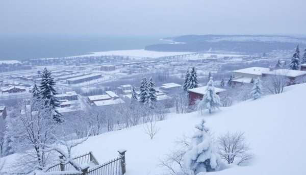 Winter scene in Duluth with snow-covered landscape and Lake Superior Winter scene in Duluth with snow-covered landscape and Lake Superior