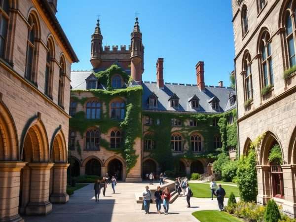 Yale University campus with Gothic architecture and students Yale University campus with Gothic architecture and students