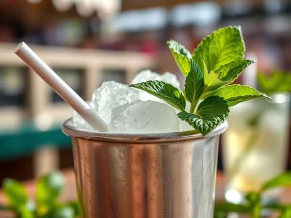 A classic mint julep in a silver cup with fresh mint and crushed ice A classic mint julep in a silver cup with fresh mint and crushed ice