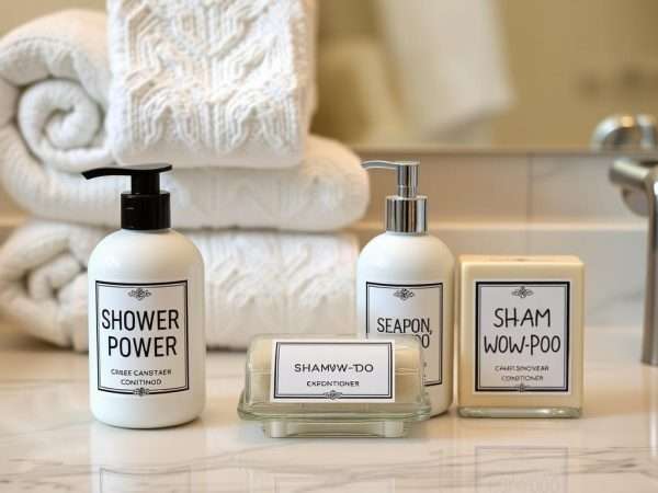 A hotel bathroom with amenities featuring punny labels A hotel bathroom with amenities featuring punny labels