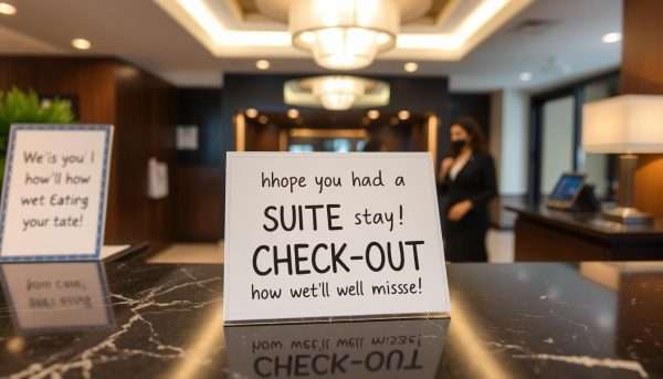 A hotel checkout counter with a farewell sign featuring a pun A hotel checkout counter with a farewell sign featuring a pun